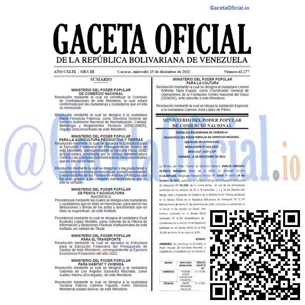 Gaceta Oficial 42277 del 15 diciembre 2021