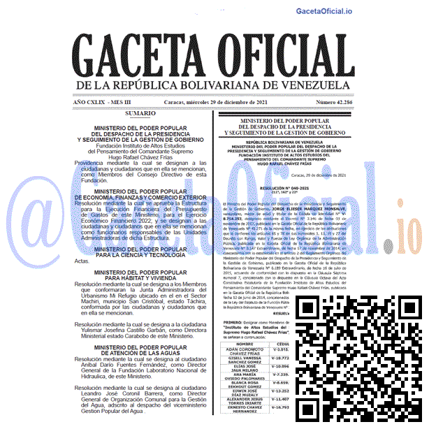 Gaceta Oficial 42286 del 29 diciembre 2021 Gaceta Oficial 42286 del 29 diciembre 2021