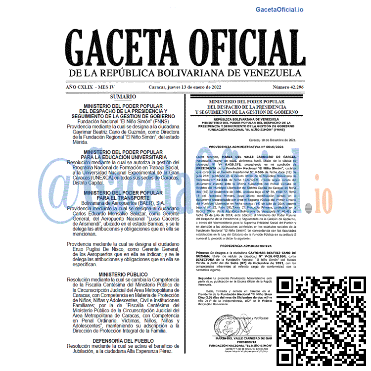 Gaceta Oficial 42296 del 13 enero 2022 Gaceta Oficial 42296 del 13 enero 2022