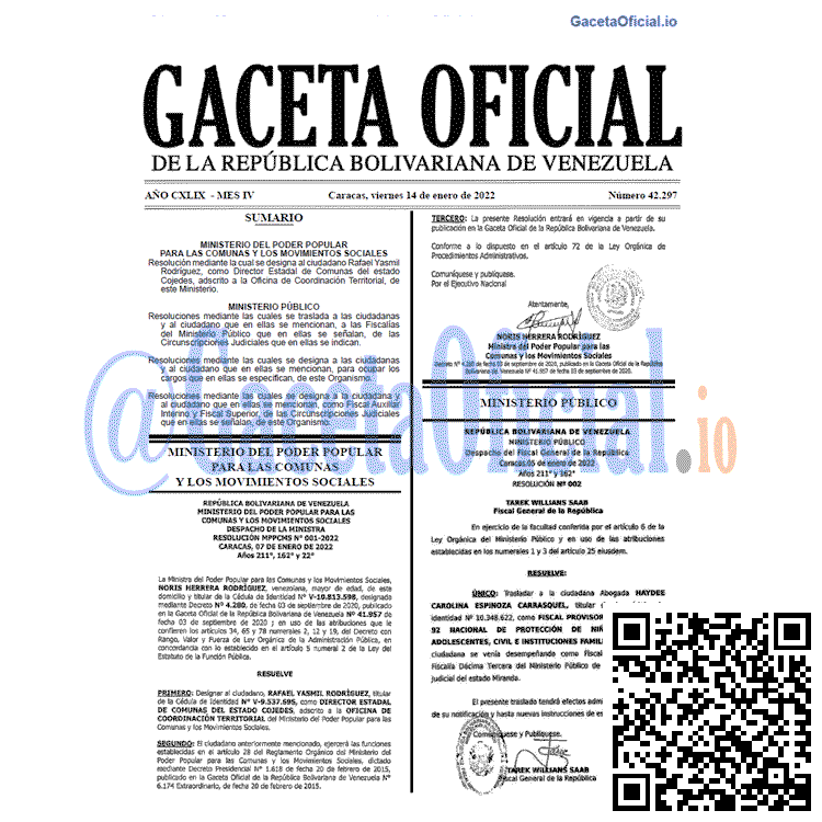 Gaceta Oficial 42297 del 14 enero 2022 Gaceta Oficial 42297 del 14 enero 2022
