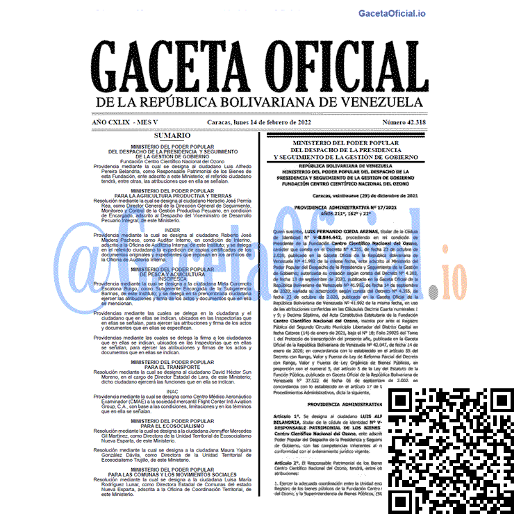 Gaceta Oficial 42318 del 14 febrero 2022 Gaceta Oficial 42318 del 14 febrero 2022