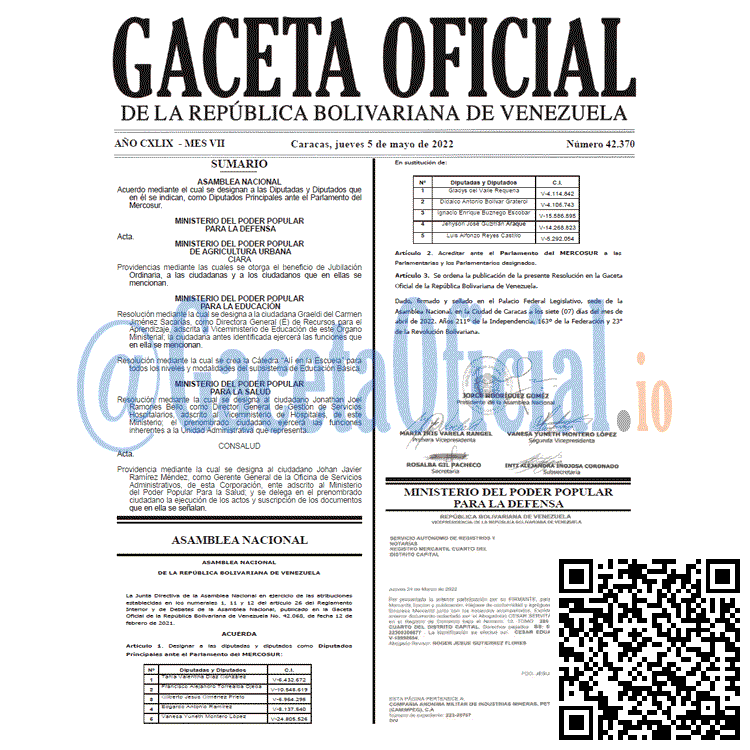 Venezuela Gaceta Oficial 42370 del 5 mayo 2022