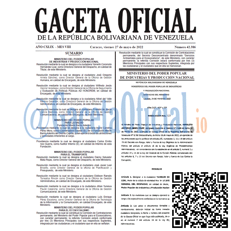 Venezuela Gaceta Oficial 42386 del 27 mayo 2022