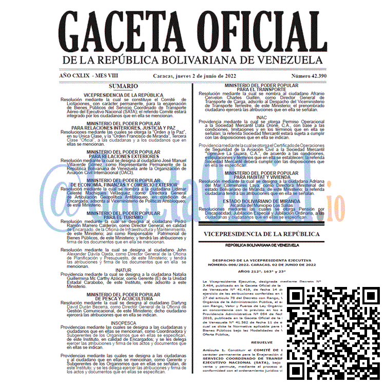 Venezuela Gaceta Oficial 42390 del 2 junio 2022
