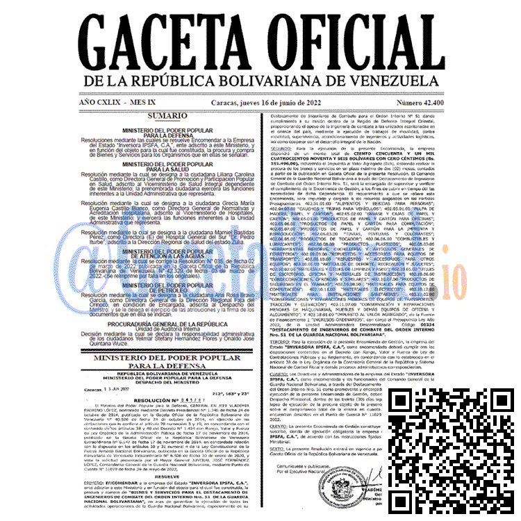 Venezuela Gaceta Oficial 42400 del 16 junio 2022