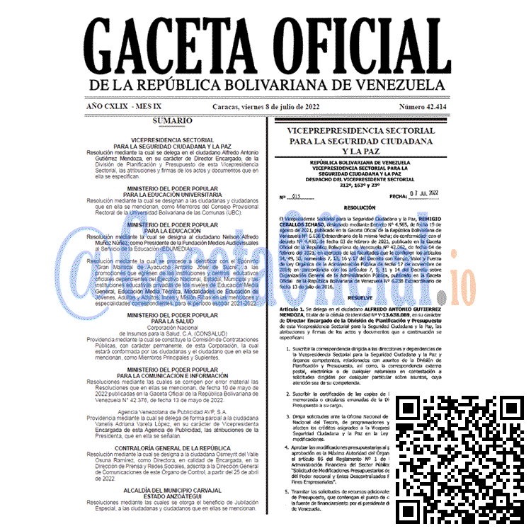 Venezuela Gaceta Oficial 42414 del 8 julio 2022 Venezuela Gaceta Oficial 42414 del 8 julio 2022