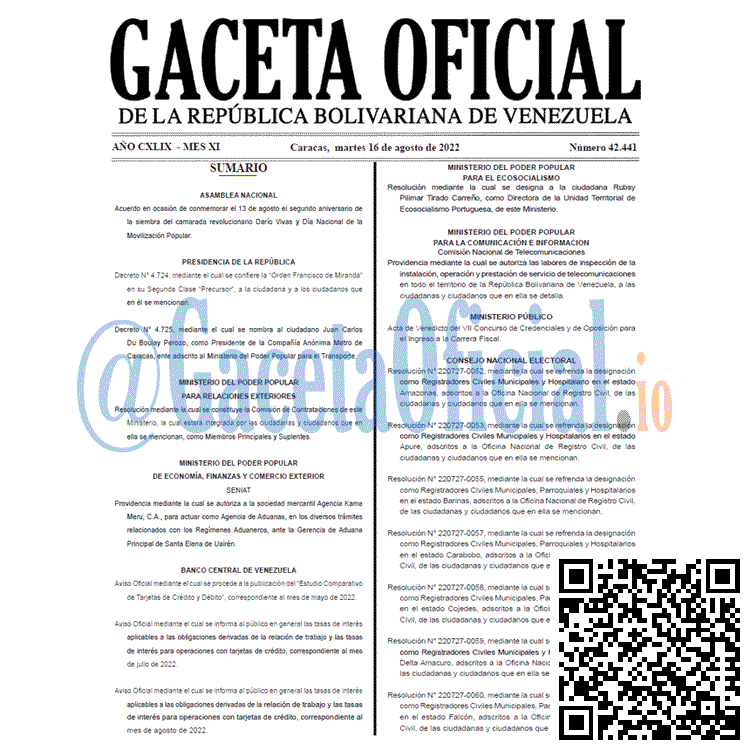 Venezuela Gaceta Oficial 42441 del 16 agosto 2022