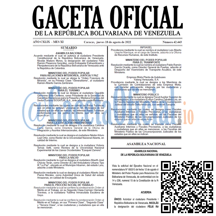 Venezuela Gaceta Oficial 42443 del 18 agosto 2022