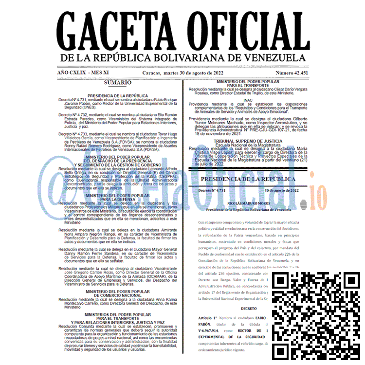 Venezuela Gaceta Oficial 42451 del 30 agosto 2022