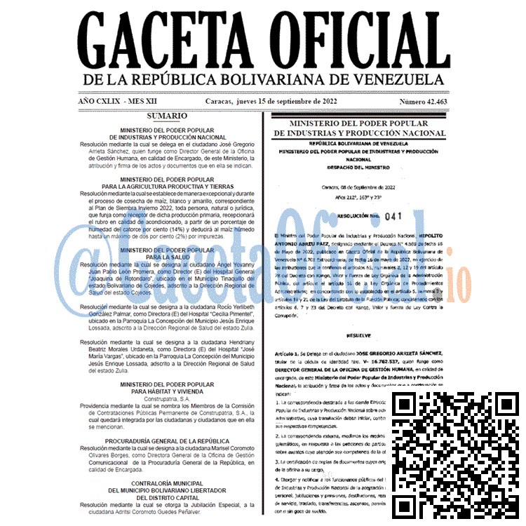 Venezuela Gaceta Oficial 42463 del 15 septiembre 2022 Venezuela Gaceta Oficial 42463 del 15 septiembre 2022
