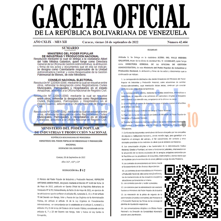 Venezuela Gaceta Oficial 42464 del 16 septiembre 2022 Venezuela Gaceta Oficial 42464 del 16 septiembre 2022