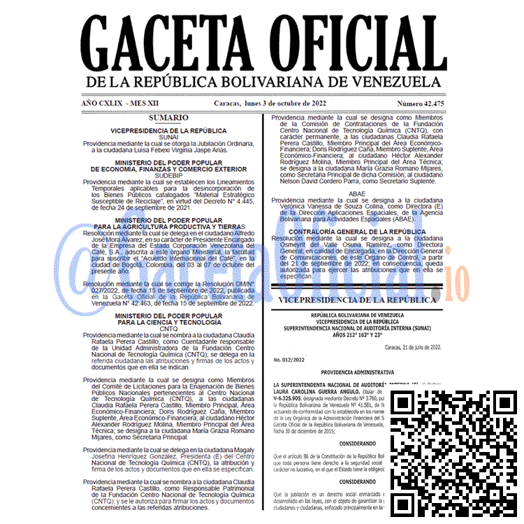 Venezuela Gaceta Oficial 42475 del 3 octubre 2022 Venezuela Gaceta Oficial 42475 del 3 octubre 2022