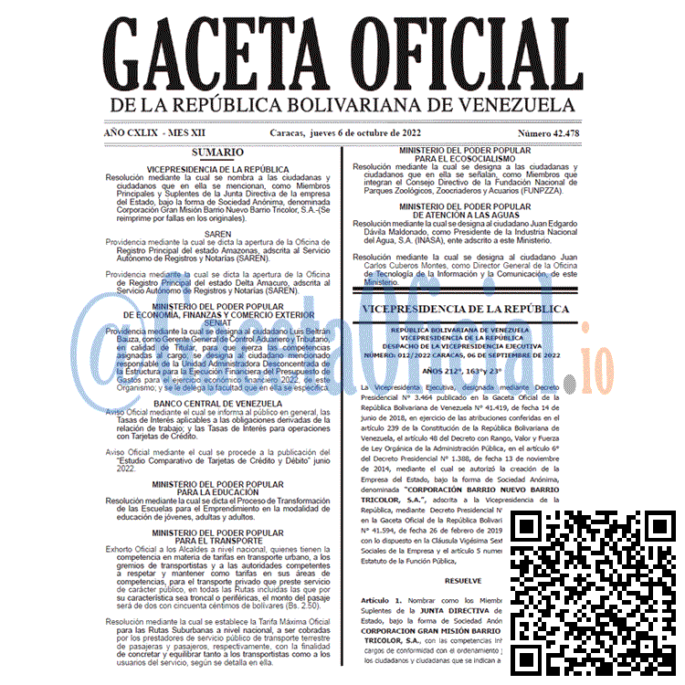 Venezuela Gaceta Oficial 42478 del 6 octubre 2022 Venezuela Gaceta Oficial 42478 del 6 octubre 2022