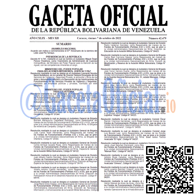 Gaceta Oficial Venezuela 42479 del 7 octubre 2022