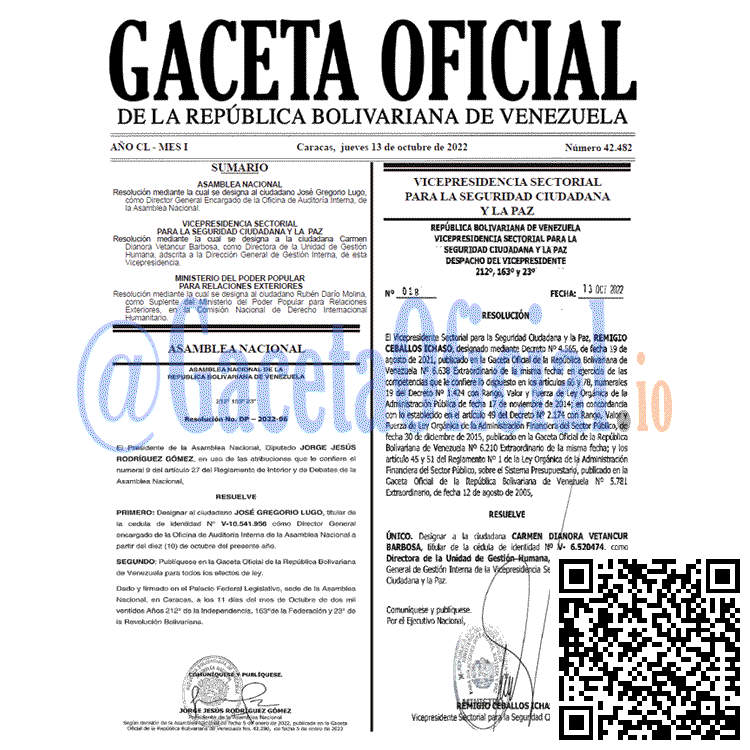 Gaceta Oficial Venezuela #42482 del 13 octubre 2022