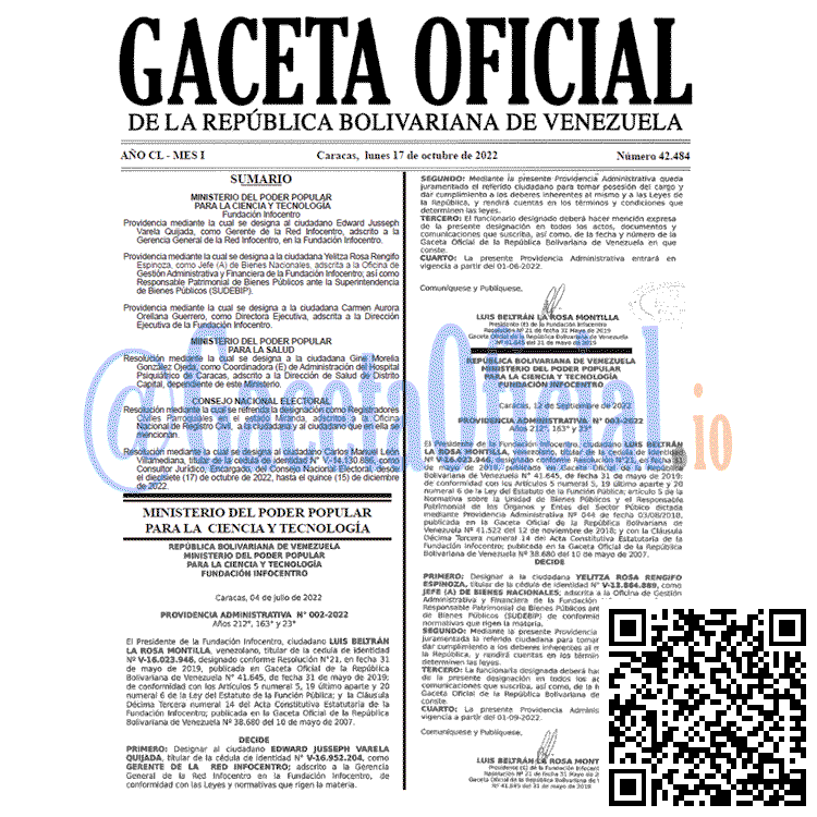 Gaceta Oficial Venezuela #42484 del 17 octubre 2022