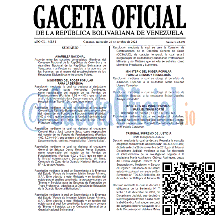 Gaceta Oficial Venezuela #42491 del 26 octubre 2022