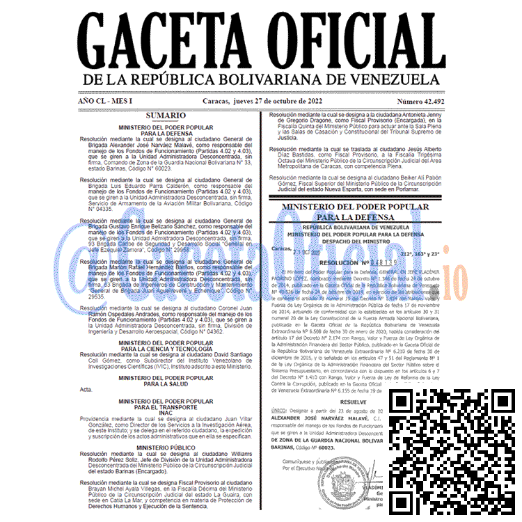 Gaceta Oficial Venezuela #42492 del 27 octubre 2022