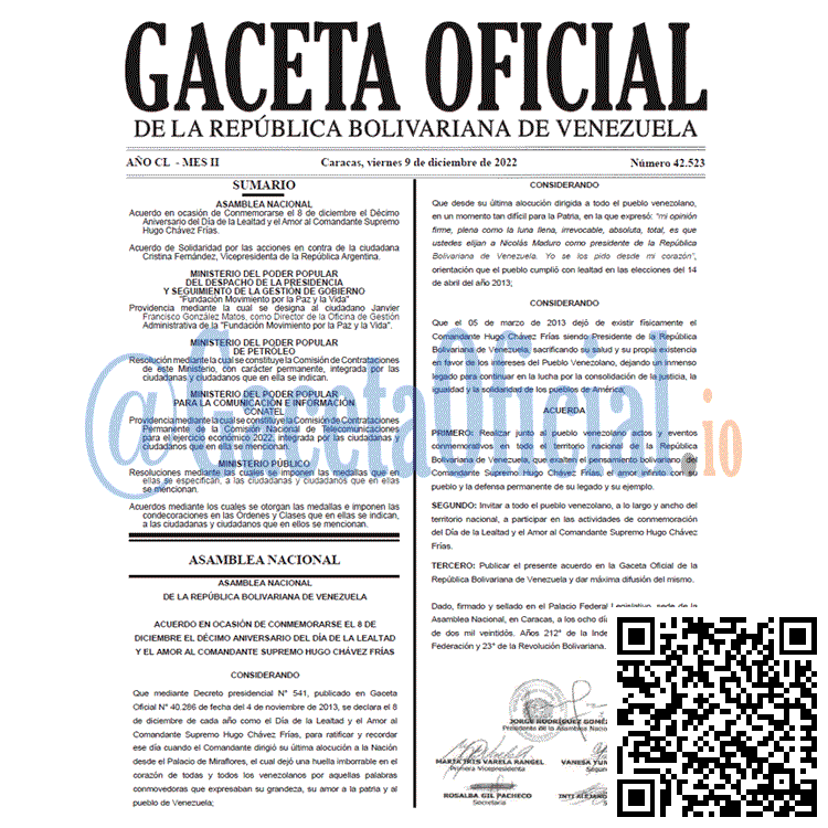 Venezuela Gaceta Oficial 42523 del 09 diciembre 2022 Gaceta Oficial, Gaceta 42523, Gaceta #42523, Gaceta Oficial Venezuela #42523