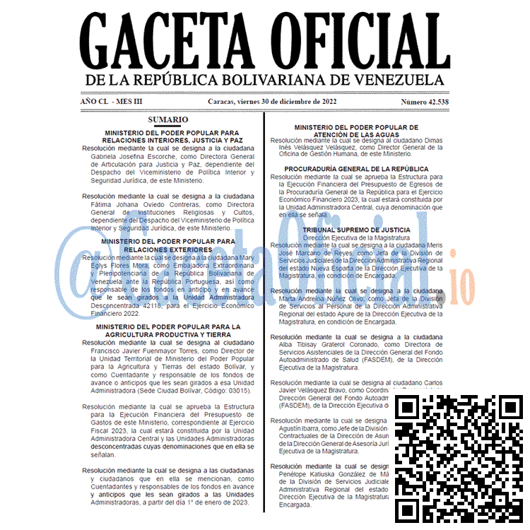 Venezuela Gaceta Oficial 42538 del 30 diciembre 2022 Gaceta Oficial, Gaceta 42538, Gaceta #42538, Gaceta Oficial Venezuela #42538