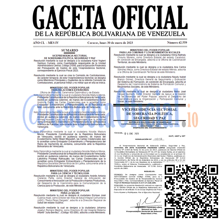 Venezuela Gaceta Oficial 42559 del 30 enero 2023 Gaceta Oficial, Gaceta 42559, Gaceta #42559, Gaceta Oficial Venezuela #42559