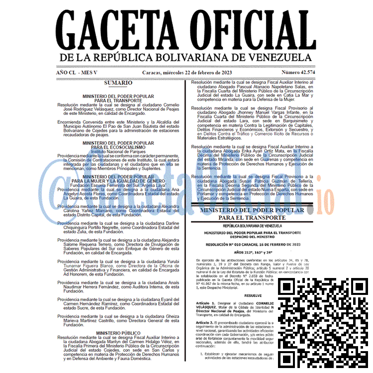 Venezuela Gaceta Oficial 42574 del 22 febrero 2023 Gaceta Oficial, Gaceta 42574, Gaceta #42574, Gaceta Oficial Venezuela #42574