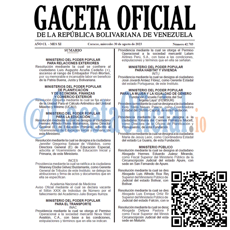Venezuela Gaceta Oficial 42703 del 30 agosto 2023 Gaceta Oficial, Gaceta 42703, Gaceta 42703 HD, Gaceta #42703, Gaceta Oficial Venezuela #42703