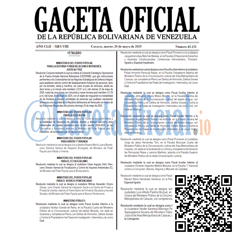 Venezuela Gaceta Oficial 43131 del 20 mayo 2025 Gaceta Oficial, Gaceta 43131, Gaceta 43131 HD, Gaceta #43131, Gaceta Oficial Venezuela #43131
