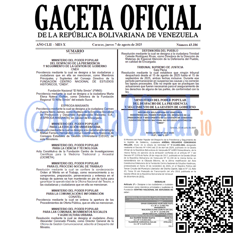 Venezuela Gaceta Oficial 43186 del 7 agosto 2025 Gaceta Oficial, Gaceta 43186, Gaceta 43186 HD, Gaceta #43186, Gaceta Oficial Venezuela #43186