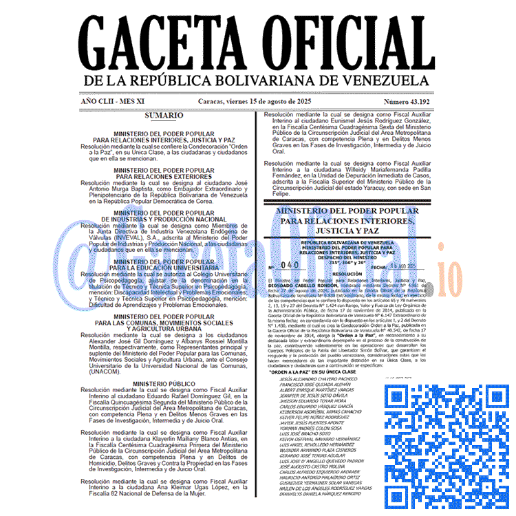 Venezuela Gaceta Oficial 43192 del 15 agosto 2025 Gaceta Oficial, Gaceta 43192, Gaceta 43192 HD, Gaceta #43192, Gaceta Oficial Venezuela #43192