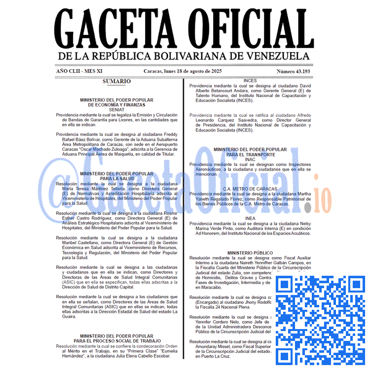 Venezuela Gaceta Oficial 43193 del 18 agosto 2025 Gaceta Oficial, Gaceta 43193, Gaceta 43193 HD, Gaceta #43193, Gaceta Oficial Venezuela #43193