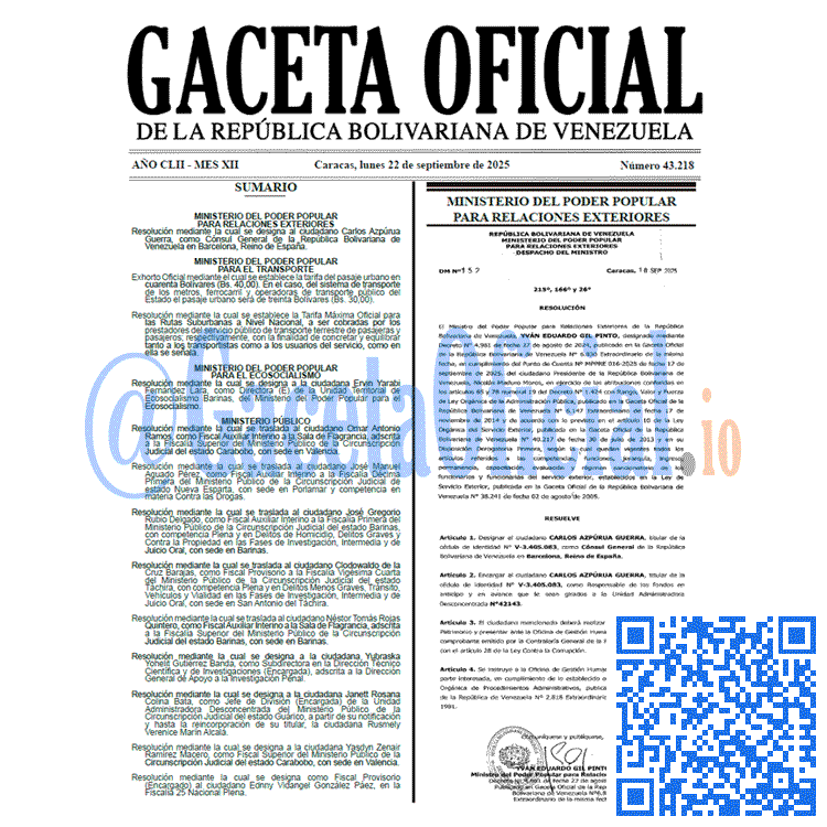 Gaceta Oficial, Gaceta 43218, Gaceta 43218 HD, Gaceta #43218, Gaceta Oficial Venezuela #43218