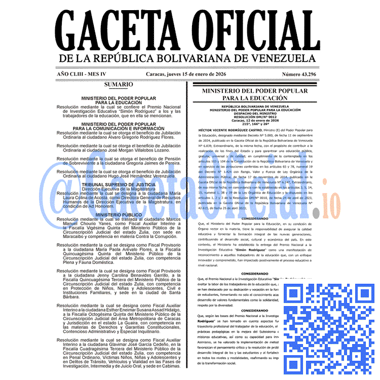 Venezuela Gaceta Oficial 43296 del 15 enero 2026 Gaceta Oficial, Gaceta 43296, Gaceta 43296 HD, Gaceta #43296, Gaceta Oficial Venezuela #43296