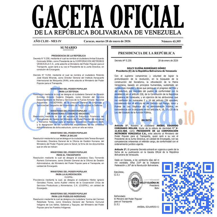 Venezuela Gaceta Oficial 43305 del 28 enero 2026 Gaceta Oficial, Gaceta 43305, Gaceta 43305 HD, Gaceta #43305, Gaceta Oficial Venezuela #43305