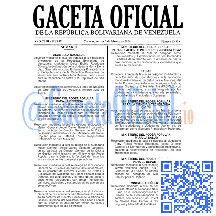 Venezuela Gaceta Oficial 43309 del 3 febrero 2026 Gaceta Oficial, Gaceta 43309, Gaceta 43309 HD, Gaceta #43309, Gaceta Oficial Venezuela #43309