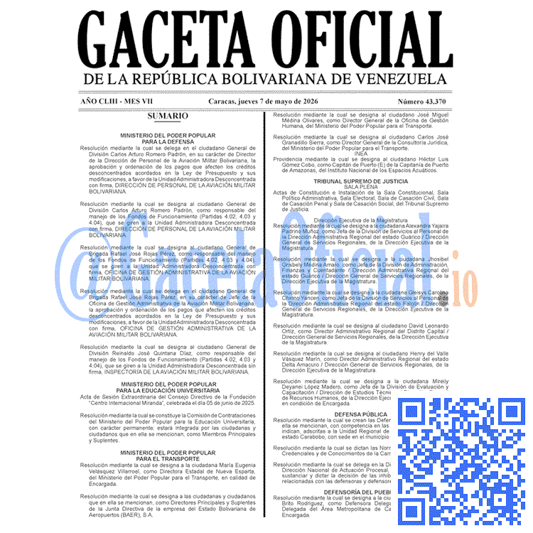Venezuela Gaceta Oficial 43370 del 7 mayo 2026 Gaceta Oficial, Gaceta 43370, Gaceta 43370 HD, Gaceta #43370, Gaceta Oficial Venezuela #43370