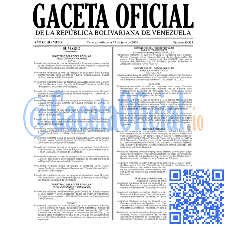 Venezuela Gaceta Oficial 43425 del 29 julio 2026 Gaceta Oficial, Gaceta 43425, Gaceta 43425 HD, Gaceta #43425, Gaceta Oficial Venezuela #43425