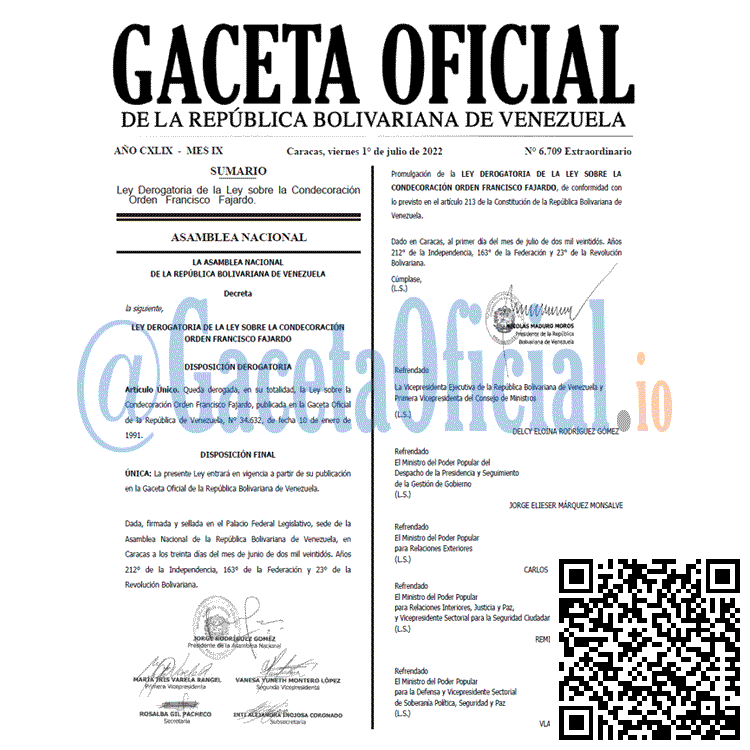 Venezuela Gaceta Oficial 6709 del 1 julio 2022
